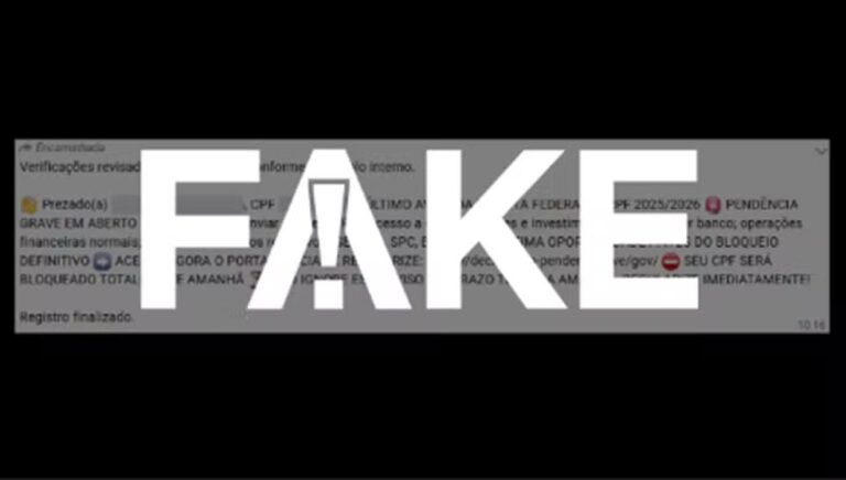 É #FAKE mensagem de WhatsApp sobre regularização de ‘pendência grave’ da Receita Federal; trata-se de golpe