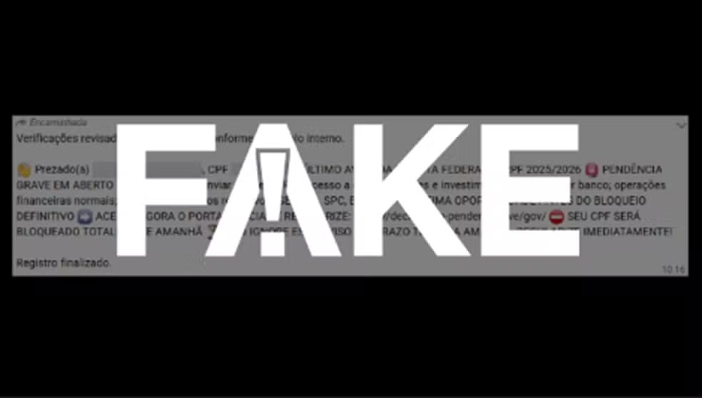 É #FAKE mensagem de WhatsApp sobre regularização de ‘pendência grave’ da Receita Federal; trata-se de golpe